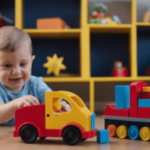A young child happily playing with toy trucks, engrossed in imaginative play and exploring their surroundings.