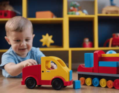 A young child happily playing with toy trucks, engrossed in imaginative play and exploring their surroundings.