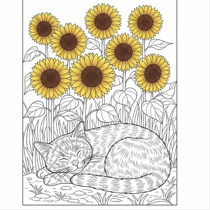 Cat Napping in a Sunflower Field