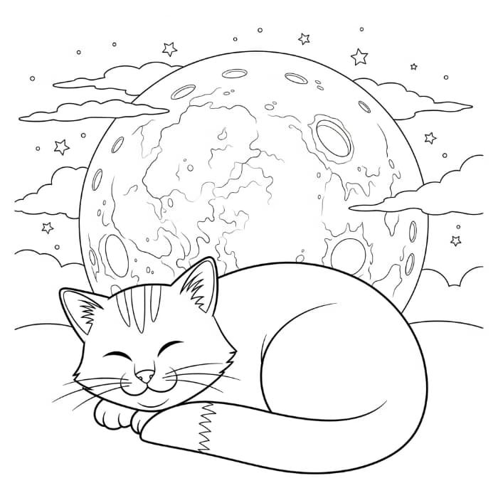 Cat Napping with a Moon Background