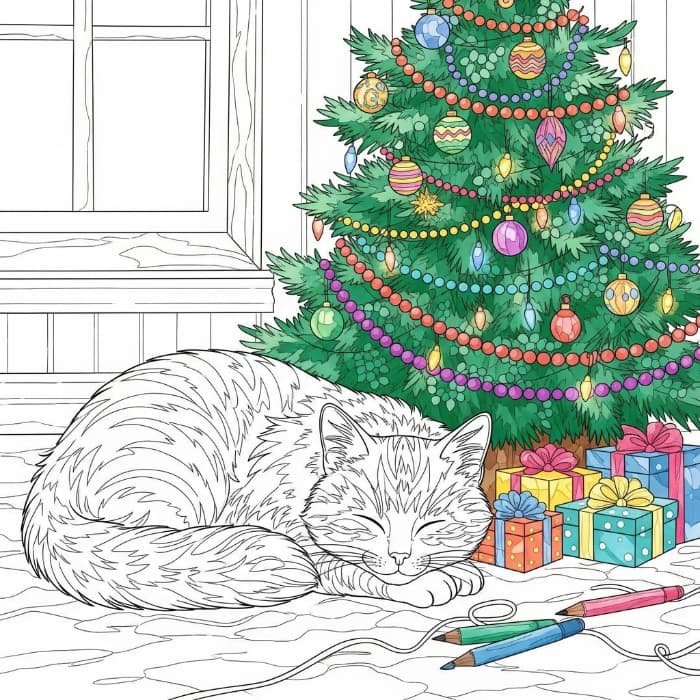 Cat Sleeping Under a Christmas Tree