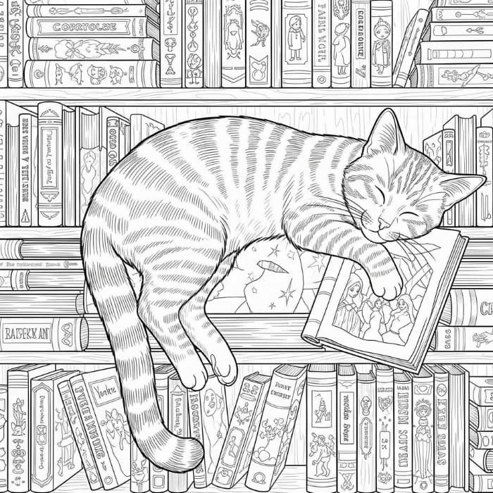 Cat Sleeping on a Bookshelf