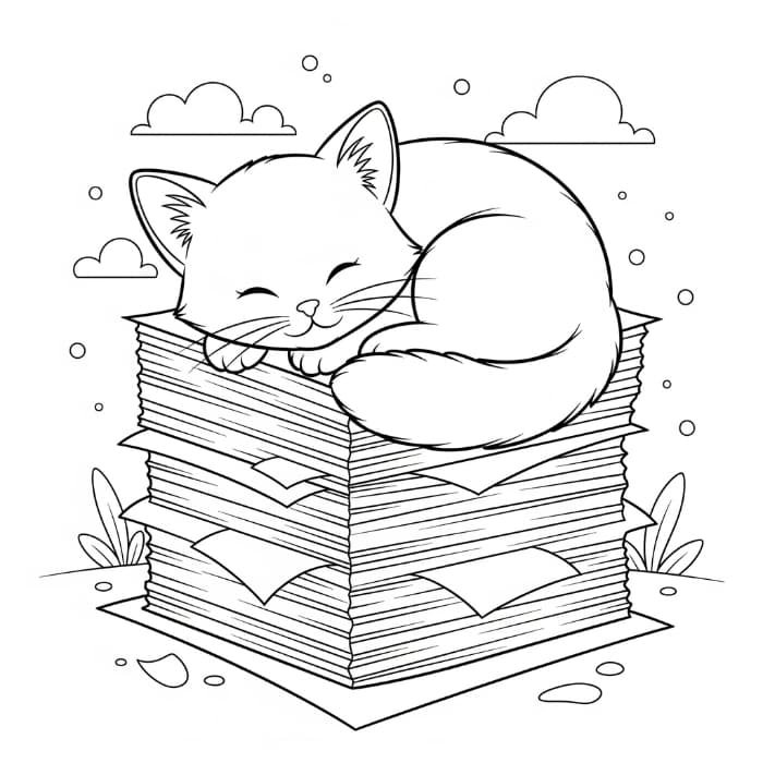 Cat Sleeping on a Stack of Papers