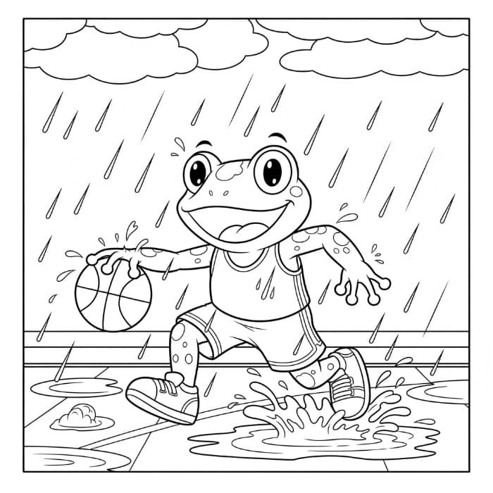 Frog Playing Basketball in the Rain