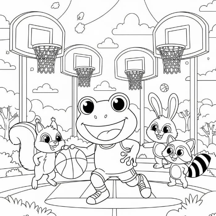 Frog and Friends Playing Basketball